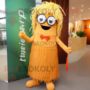 Orange Pesto Pasta mascot costume character dressed with A-Line Dress and Eyeglasses