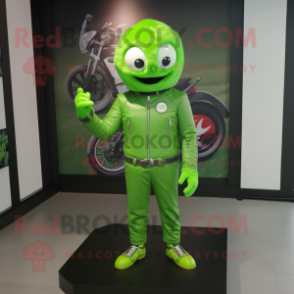 Lime Green Raspberry mascot costume character dressed with Biker Jacket and Headbands