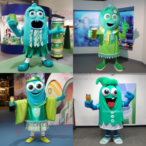 Turquoise green beer mascot costume character dressed with Shorts and Scarf clips