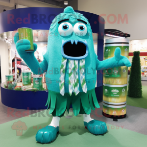 Turquoise green beer mascot costume character dressed with Shorts and Scarf clips