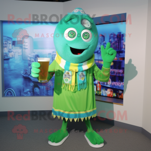 Turquoise green beer mascot costume character dressed with Shorts and Scarf clips