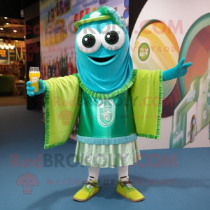 Turquoise green beer mascot costume character dressed with Shorts and Scarf clips