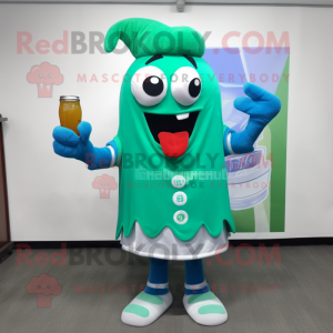 Turquoise green beer mascot costume character dressed with Shorts and Scarf clips