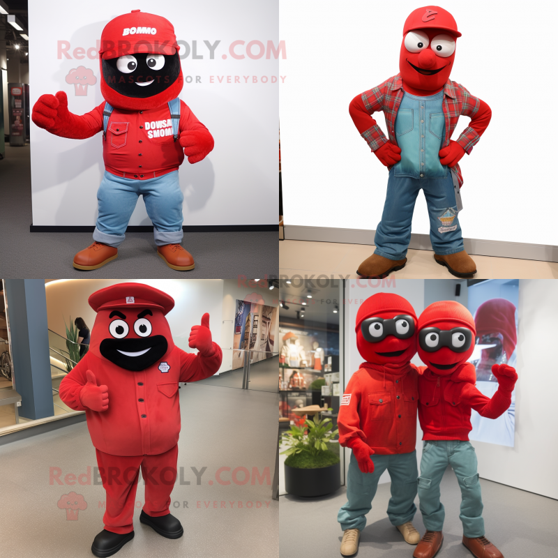 Red Commando mascot costume character dressed with Boyfriend Jeans and Beanies