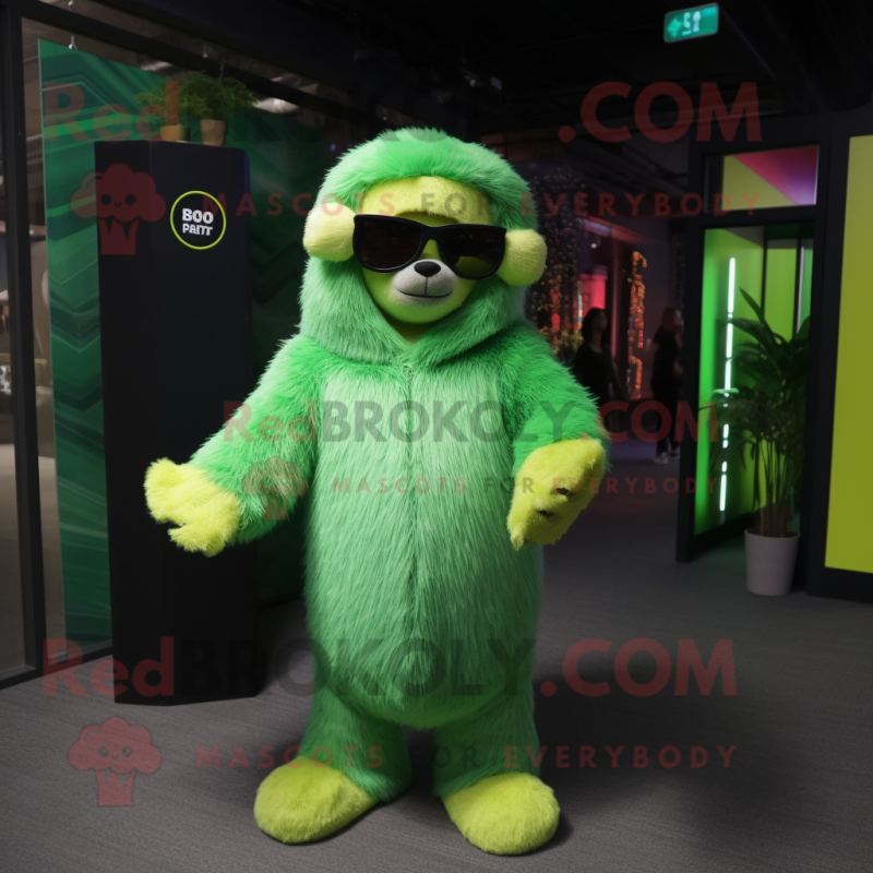 Lime Green Sloth Bear mascot costume character dressed with Coat and Sunglasses