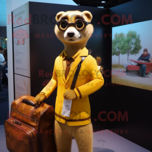 Gold Meerkat mascot costume character dressed with Blazer and Messenger bags