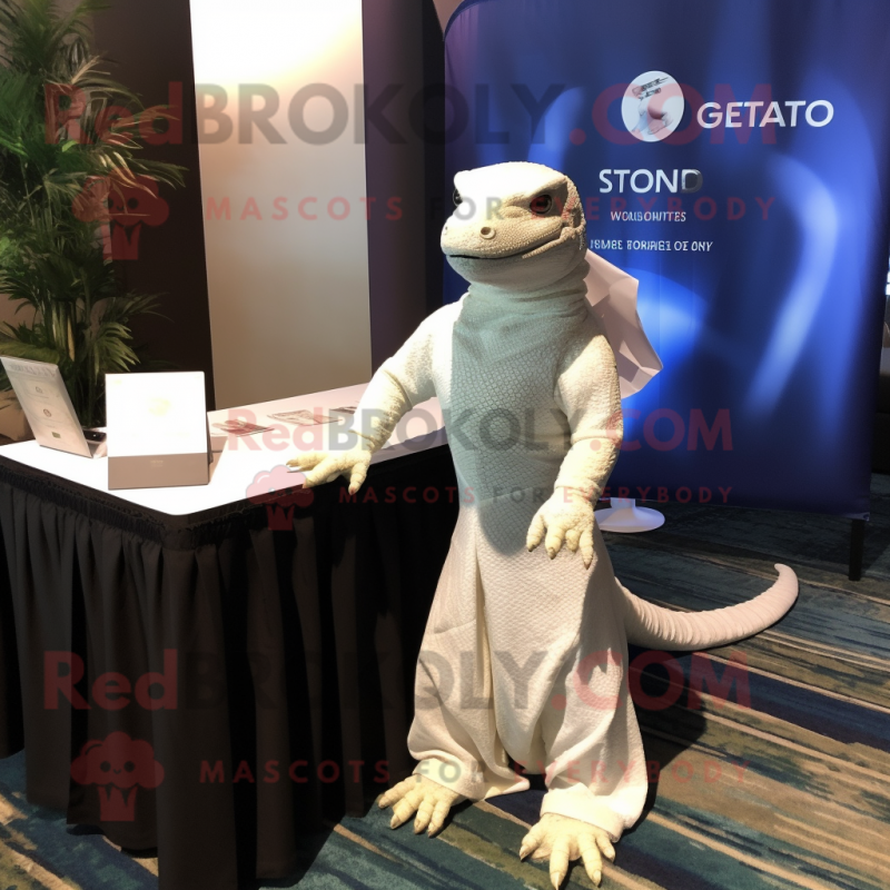 White Komodo Dragon mascot costume character dressed with Wrap Dress and Tie pins