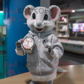 Silver Rat mascot costume character dressed with Sweatshirt and Digital watches