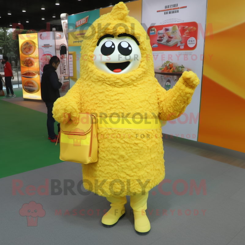 Lemon Yellow Biryani mascot costume character dressed with Parka and Clutch bags