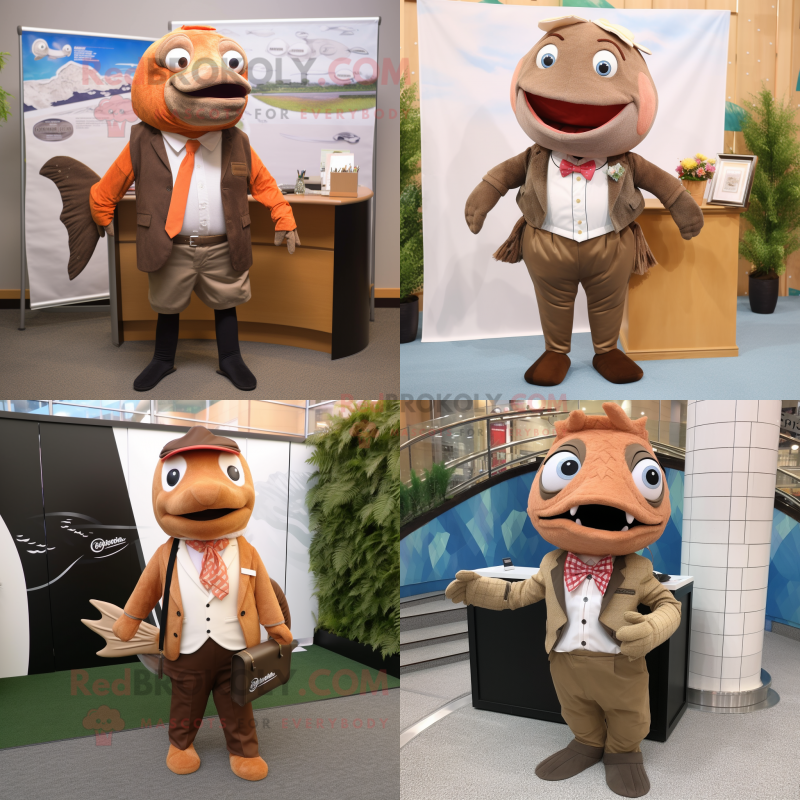 Brown Salmon mascot costume character dressed with Pencil Skirt and Pocket squares