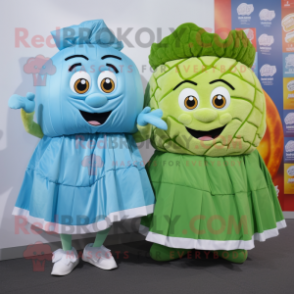 Sky Blue Corned Beef and Cabbage mascot costume character dressed with Pleated Skirt and Coin purses