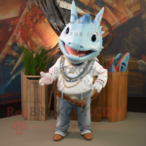 White Swordfish mascot costume character dressed with Chambray Shirt and Necklaces