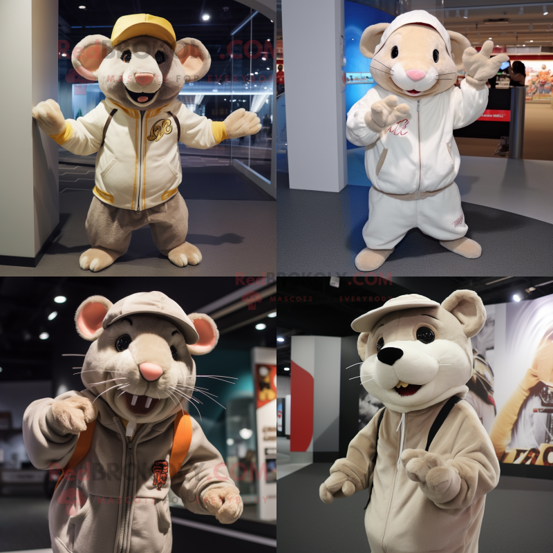 Beige Rat mascot costume character dressed with Hoodie and Caps