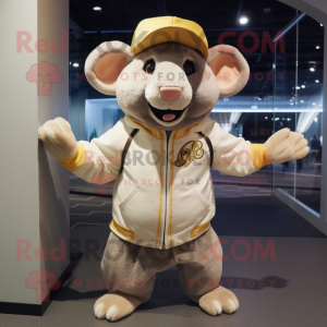 Beige Rat mascot costume character dressed with Hoodie and Caps
