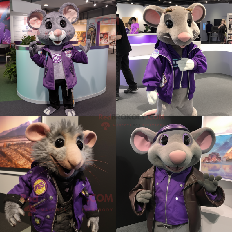 Purple Rat mascot costume character dressed with Moto Jacket and Shawl pins
