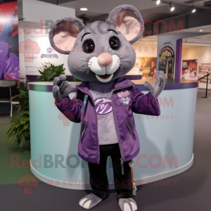 Purple Rat mascot costume character dressed with Moto Jacket and Shawl pins