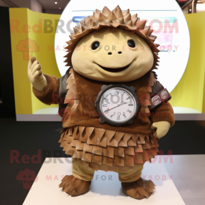 Brown Glyptodon mascot costume character dressed with Pleated Skirt and Digital watches