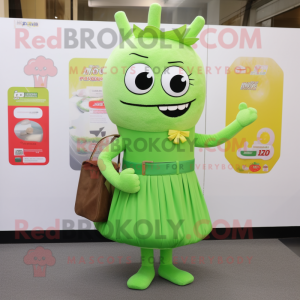Green Miso Soup mascot costume character dressed with Midi Dress and Clutch bags