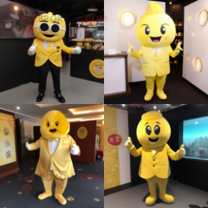 Yellow Dim Sum mascot costume character dressed with Suit Jacket and Cufflinks