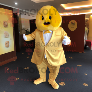 Yellow Dim Sum mascot costume character dressed with Suit Jacket and Cufflinks