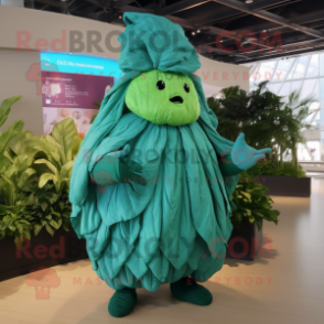 Teal Cabbage leaf mascot costume character dressed with Cover-up and Gloves