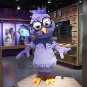 Purple Dove mascot costume character dressed with Denim Shorts and Eyeglasses