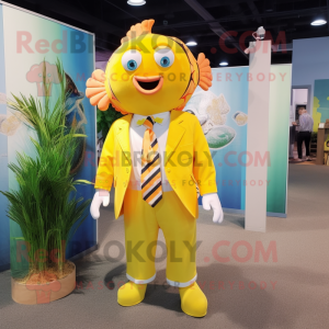 Lemon Yellow Clown fish mascot costume character dressed with Dress Shirt and Ties