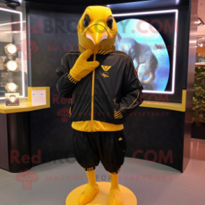 Gold Blackbird mascot costume character dressed with Windbreaker and Bracelet watches