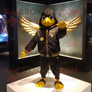 Gold Blackbird mascot costume character dressed with Windbreaker and Bracelet watches