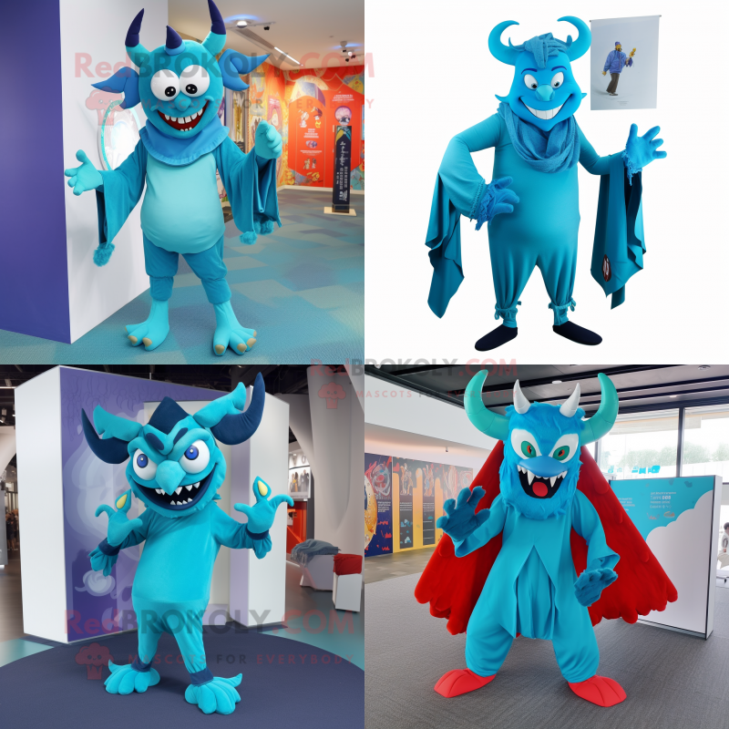 Cyan Devil mascot costume character dressed with Culottes and Scarf clips