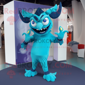 Cyan Devil maskot kostym...