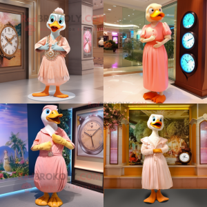 Peach Goose mascot costume character dressed with a Maxi Dress and Bracelet watches