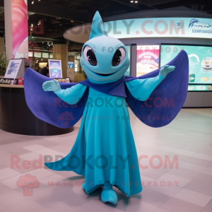 Cyan Manta Ray mascot costume character dressed with a Midi Dress and Bracelet watches