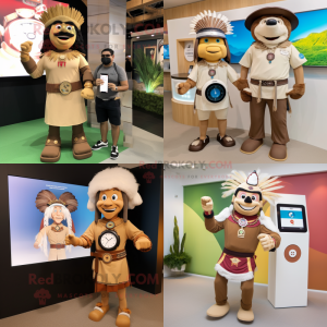 Tan Chief mascot costume character dressed with a Polo Tee and Smartwatches