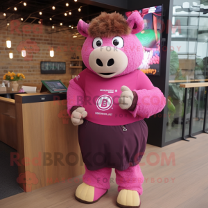 Pink Bison mascot costume character dressed with a Cardigan and Smartwatches