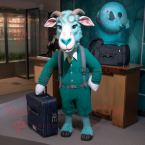 Teal Goat mascot costume character dressed with a Capri Pants and Briefcases
