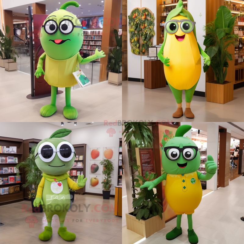 Olive Mango mascot costume character dressed with a Jeggings and Reading glasses