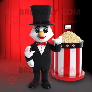 Red Pop Corn mascot costume character dressed with a Tuxedo and Watches