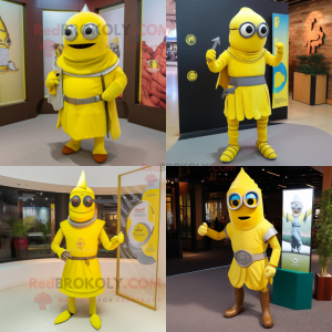 Lemon Yellow Medieval Knight mascot costume character dressed with a Turtleneck and Eyeglasses