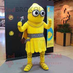 Lemon Yellow Medieval Knight mascot costume character dressed with a Turtleneck and Eyeglasses