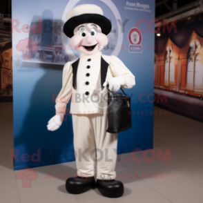 Cream Mime mascot costume character dressed with a Waistcoat and Messenger bags