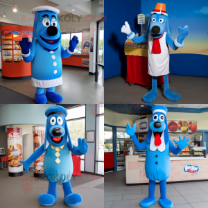 Blue Hot Dogs mascot costume character dressed with a Dress Shirt and Gloves