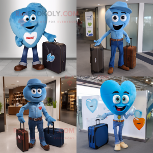 Blue Heart mascot costume character dressed with a Bootcut Jeans and Briefcases