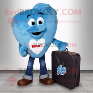 Blue Heart mascot costume character dressed with a Bootcut Jeans and Briefcases