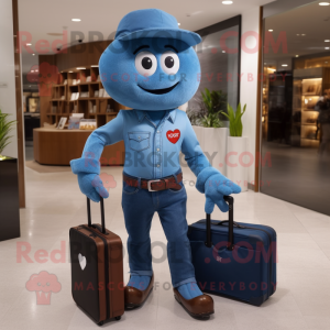 Blue Heart mascot costume character dressed with a Bootcut Jeans and Briefcases