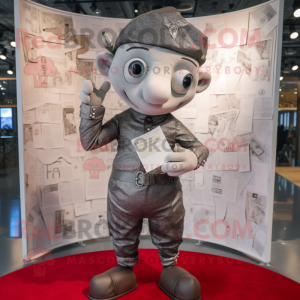 Silver Love Letter mascot costume character dressed with a Leather Jacket and Berets