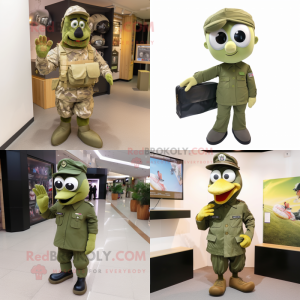 Olive Air Force Soldier mascot costume character dressed with a Oxford Shirt and Clutch bags