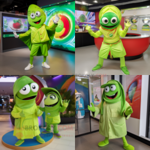 Lime Green Fajitas mascot costume character dressed with a Windbreaker and Rings