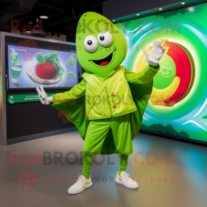 Lime Green Fajitas mascot costume character dressed with a Windbreaker and Rings