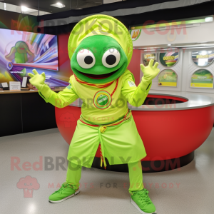 Lime Green Fajitas mascot costume character dressed with a Windbreaker and Rings